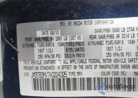 2010 Mazda Cx-9 Touring из США, поврежденный, VIN JM3TB3MV7A0224325